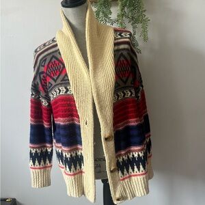 Oversized Chunky Shawl Cardigan Sweater in Cream, Red & Navy
